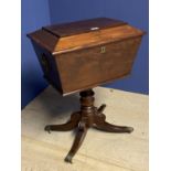 Good quality figured mahogany pedestal work box with fitted tray, brass lion ring handles on