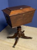 Good quality figured mahogany pedestal work box with fitted tray, brass lion ring handles on