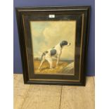 A framed oil painting study of a pointer dog in a landscape.39x29.5