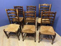 Set of 4 rush seat North Country elm ladder back dining chairs circa 1880 and 2 almost identical (