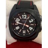 ELLICOTT watch, Sky Master, with black leather strap with red stitching