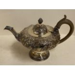 Hallmarked silver ornately embossed melon shaped tea pot, London 1893, Maker CG, 20ozt gross