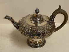 Hallmarked silver ornately embossed melon shaped tea pot, London 1893, Maker CG, 20ozt gross