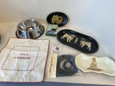 Dog items: dog bowl, cushion cover, lead , decorative trays etc
