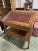 Mahogany and red leather sloping clerks desk, with 2 locking drawers and key 108cmH x 66cmD x