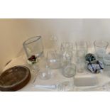 Qty of various glass ware including vases, decorative glass items, jugs, decanters and 3 of boxes of