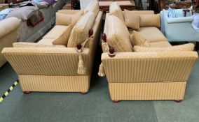 Pair of large knoll sofas, upholstered in gold and red coloured fabric, 238cm L x 100cm