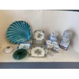 Qty of decorative china and glass including Royal Doulton The Vernon, commemorative mugs and a study