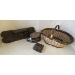 Wooden maritime rope pully, wooden carved teak box, wicker basket & wooden misericord CONDITION: