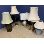 Quantity of decorative table lamps, classical style ormolu and marble lamp base, a brass