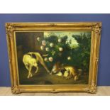 A large modern oil on canvas, "Hound Protecting the Days Bag after Jan Weenix" in swept gilt