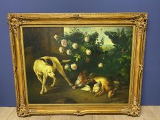 A large modern oil on canvas, "Hound Protecting the Days Bag after Jan Weenix" in swept gilt