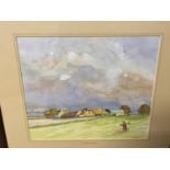 Folio of unframed watercolours and prints including countryside and seaside scenes