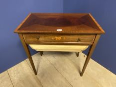 Edwardian mahogany and satin wood work table supported by slender tapering legs, with pull-out