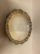 Hallmarked silver small circular salver/waiter with gadrooned and scallop edges on 3 feet, engraved,