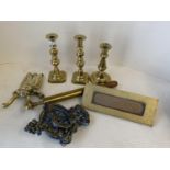Qty of brass candle sticks and boot jack in the form of beetle, brass letter box & door knocker.