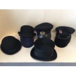 A silk top hat Scott and Co (small), and 2 bowler hats , and riding hats (not to health and safety
