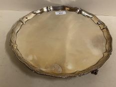 Hallmarked silver circular salver on 3 feet, with gadrooned and beaded edge, 30cmDiam, London