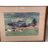 Framed and Glazed aerial photograph of a Royal Air Force Bomber, flying over Queens Court Farm,