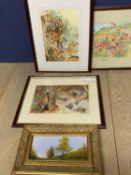 Qty of framed and glazed watercolours and prints, depicting various scenes of countryside