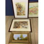 Qty of framed and glazed watercolours and prints, depicting various scenes of countryside