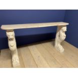 Cream console table with marble top and lions (plaster) as base, 149cmL x 30cmD x 83cmH