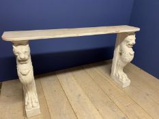 Cream console table with marble top and lions (plaster) as base, 149cmL x 30cmD x 83cmH