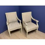 French style cream painted show framed sofa and pair of chairs, upholstered in a blue patterned