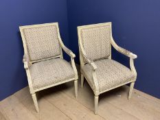 French style cream painted show framed sofa and pair of chairs, upholstered in a blue patterned