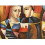 Modern school a large modernist oil painting, Portrait of Masquerade Ladies signed. 59.5 x 90