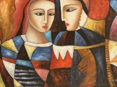 Modern school a large modernist oil painting, Portrait of Masquerade Ladies signed. 59.5 x 90