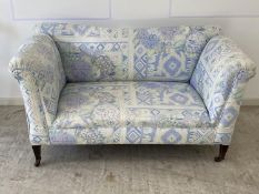 Edwardian double drop end small sofa, upholstered in blue and white fabric, condition - faded/