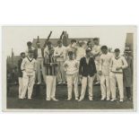 Yorkshire XI v Pudsey & District XV 1929. Mono real photograph postcard of a group of players,