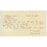 Evelyn Rockley Wilson. Cambridge University, Yorkshire & England 1899-1923. Short handwritten note