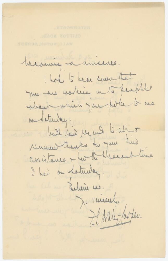 F.S. Ashley-Cooper. Two handwritten letters from Ashley-Cooper to E.B.V. Christian from his home