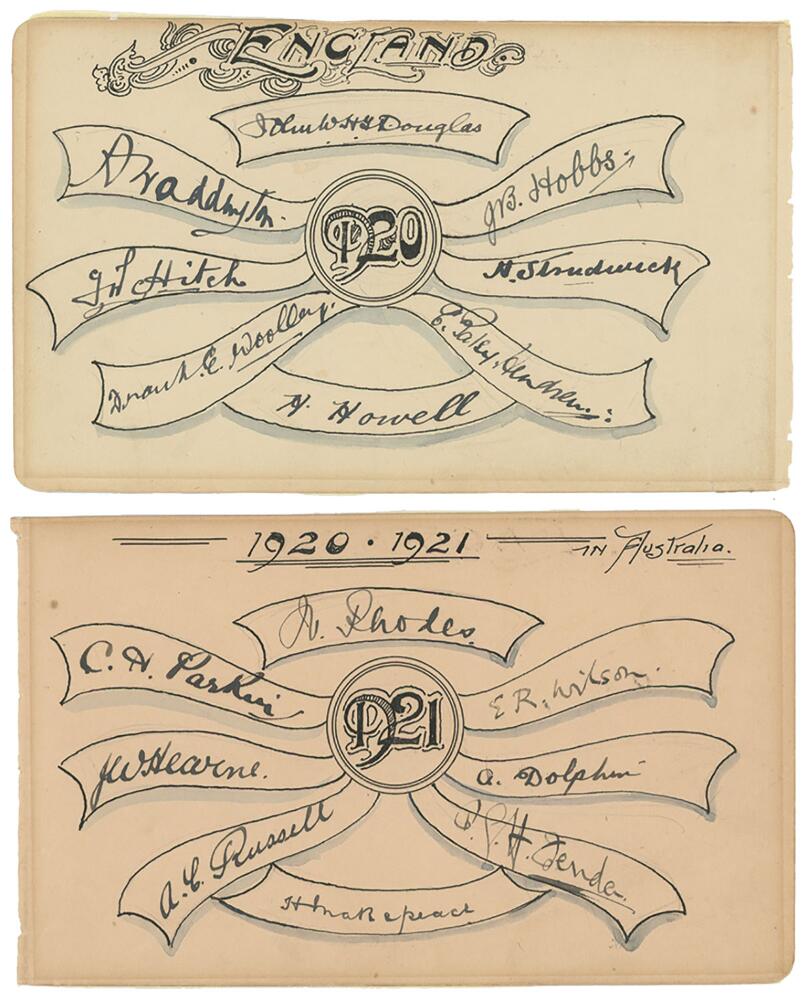 M.C.C. 1920-1921. Pair of very attractive album pages fully signed by all sixteen members of the M.