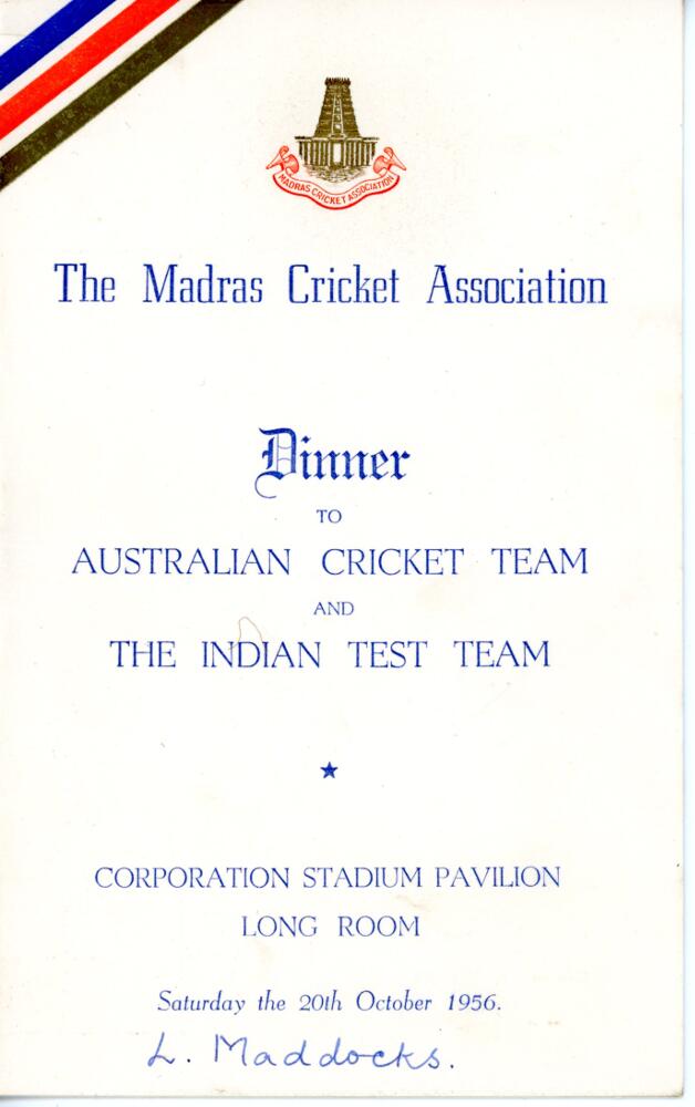 Australia tour to India 1956/57. Official menu for the 'Dinner to Australian Cricket Team and The