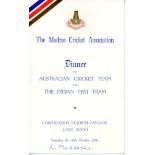 Australia tour to India 1956/57. Official menu for the 'Dinner to Australian Cricket Team and The