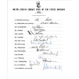 South Africa 1970. Official autograph sheet for the South Africa tour of the United Kingdom 1970.