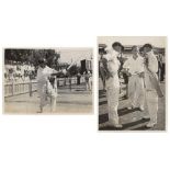 Don Bradman 1946/47. Two original mono press photographs, one of Bradman batting in the nets at