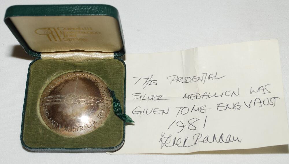 England v Australia 1981. The Prudential Trophy. A silver convex medal presented to Derek Randall.