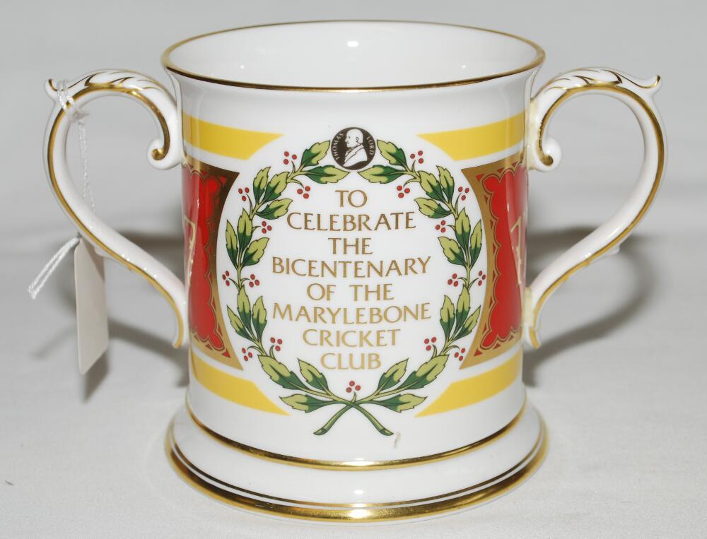 M.C.C. Bicentenary 1787-1987. Spode china two handled loving tankard with decoration and titles to - Image 2 of 2