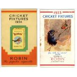 'Cricket Fixtures 1933 & 1934'. Fixture booklets issued by Ogden's 'Robin' cigarettes for the two