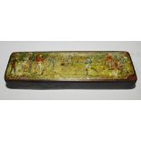 Cricket pencil case. A black lacquered papier mache oblong pencil case with hinged lid, believed