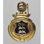 Gold sporting medal. 9ct gold medal with blue enamel shield decoration to front. Medal by Thomas