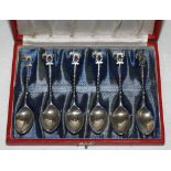M.C.C. tour of Pakistan 1955/56. Silk lined red case containing six silver spoons presented to