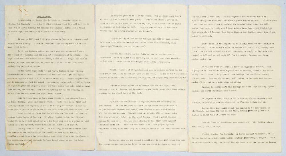 Len Hutton. Yorkshire & England 1934-1955. 'Test Matches'. Original five page typed manuscript of an