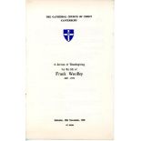 Frank Edward Woolley. Kent & England 1906-1938. Original 'Order of Service' for Woolley's Service of