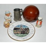 Football ceramics & metalware. Selection- a large brown football shaped moneybox, an 'F.A. Cup