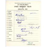 India tour of England 1952. Official autograph sheet for the tour fully signed with eighteen